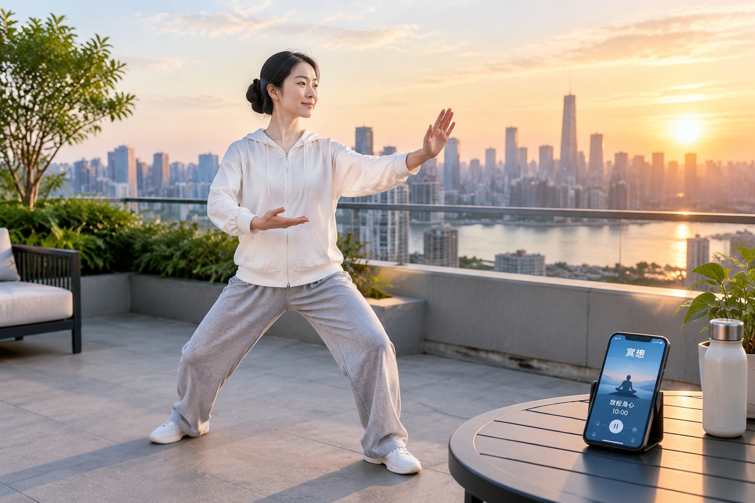 Chinese professional practicing tai chi-inspired meditation on a rooftop at sunset