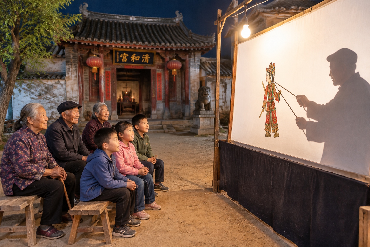 Old shadow puppeteer performing behind a glowing screen with a small audience in a Chinese village at night