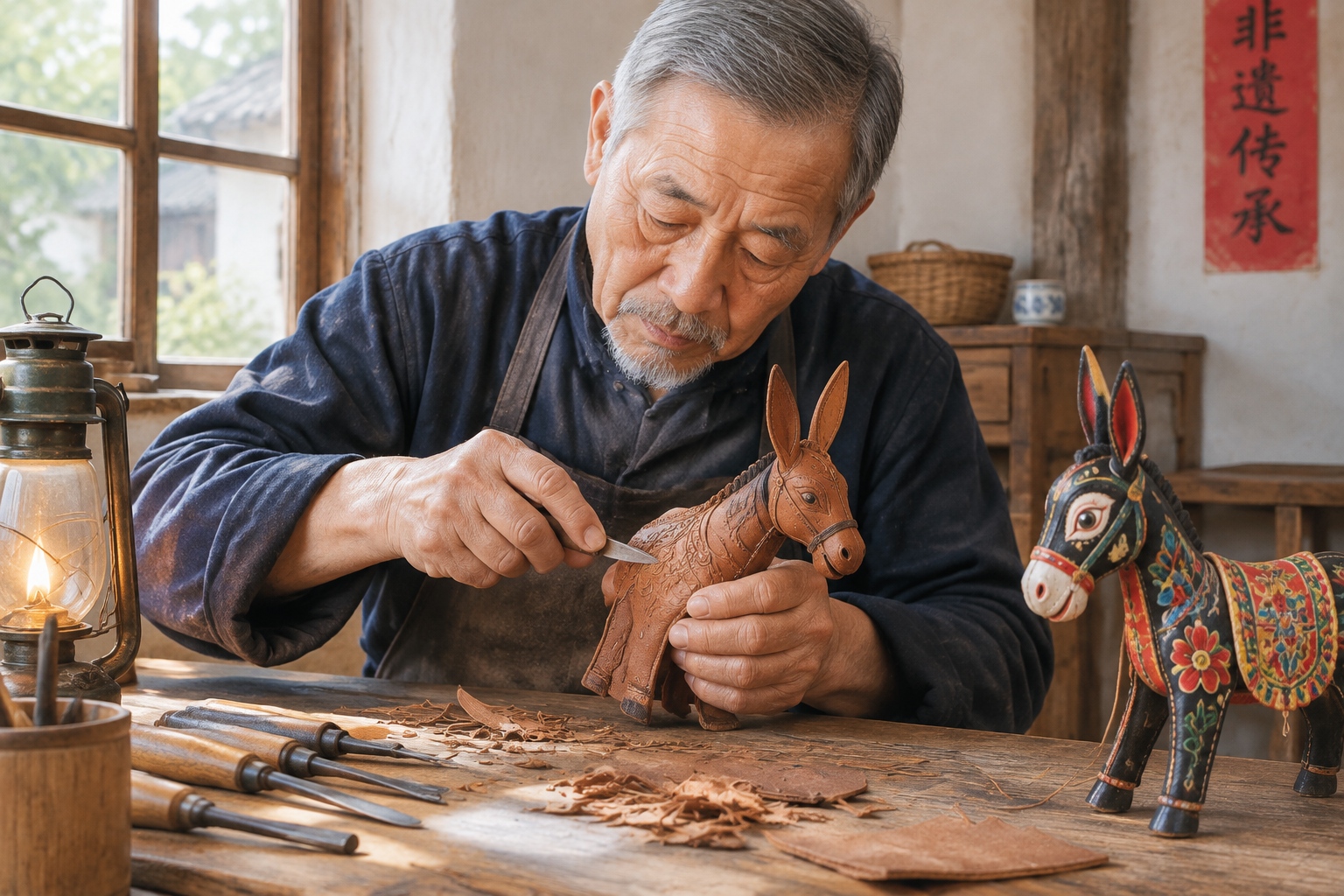Rough hands of a shadow puppetry master carving a leather puppet with a knife