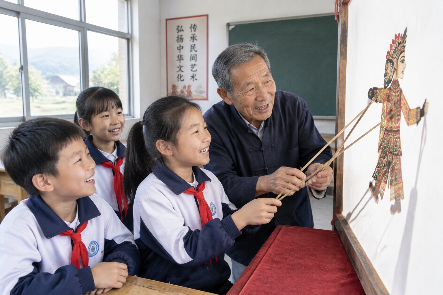 Old puppeteer teaching children how to operate shadow puppets in a rural Chinese school