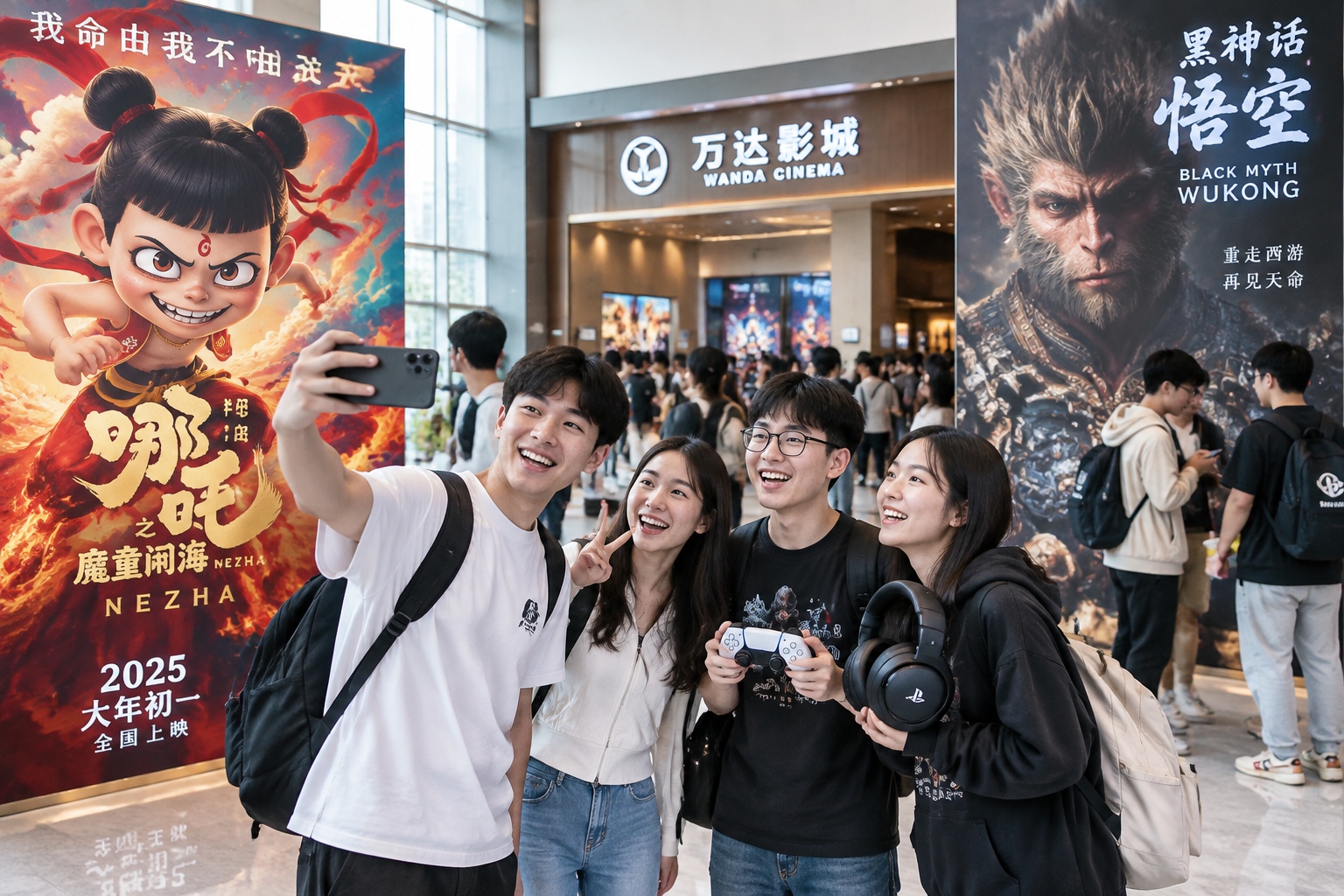 Chinese moviegoers taking photos in front of Nezha and Black Myth Wukong promotional posters in a theater lobby