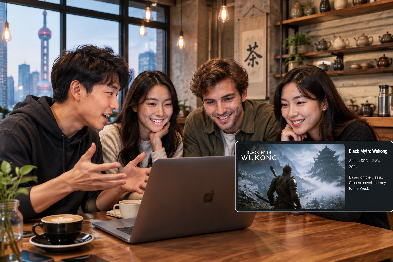 Young Chinese and foreign friends discussing Black Myth Wukong lore over coffee in a Shanghai cafe