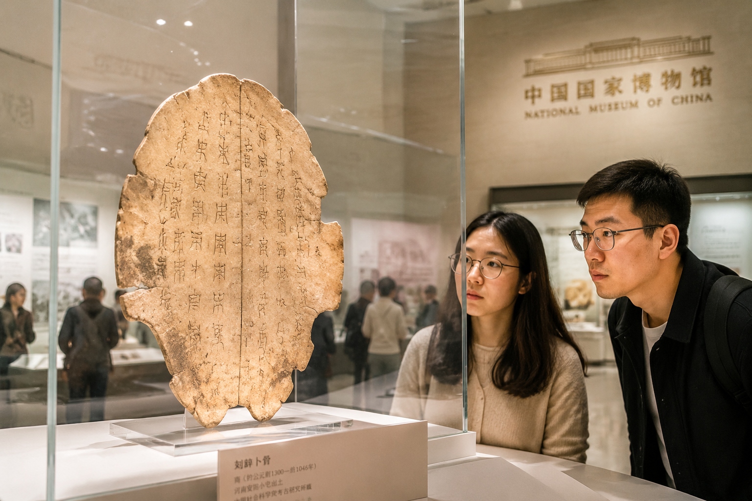 Oracle bone script carved on a turtle shell displayed in a museum exhibition in Beijing