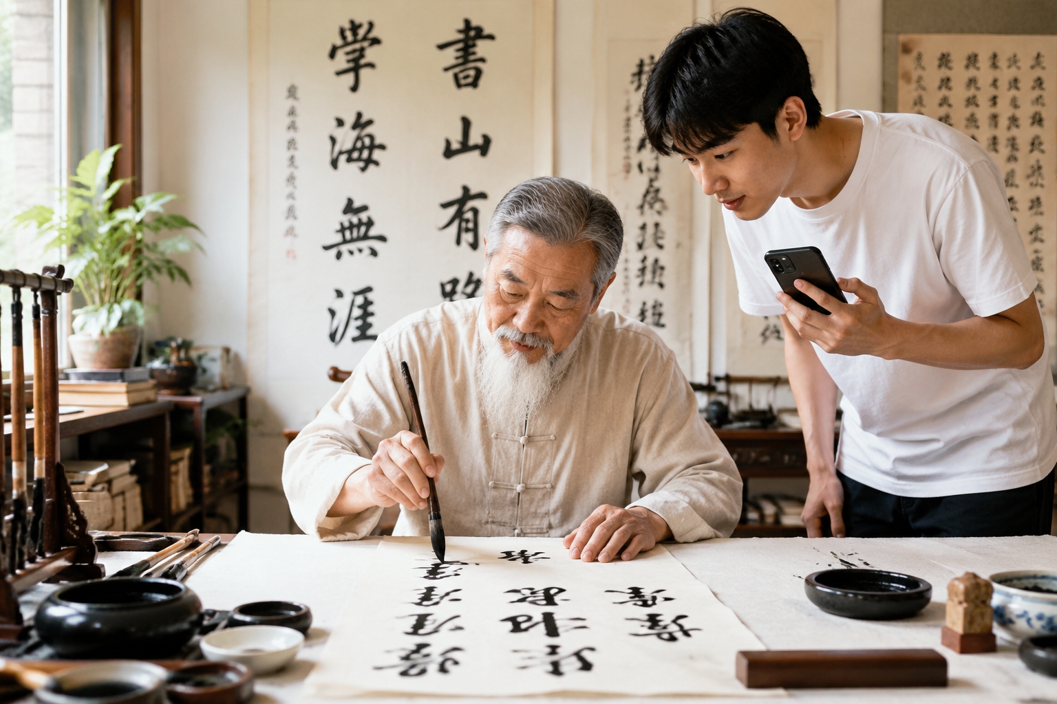 Calligrapher writing traditional Chinese characters with a brush while a younger person watches with a smartphone
