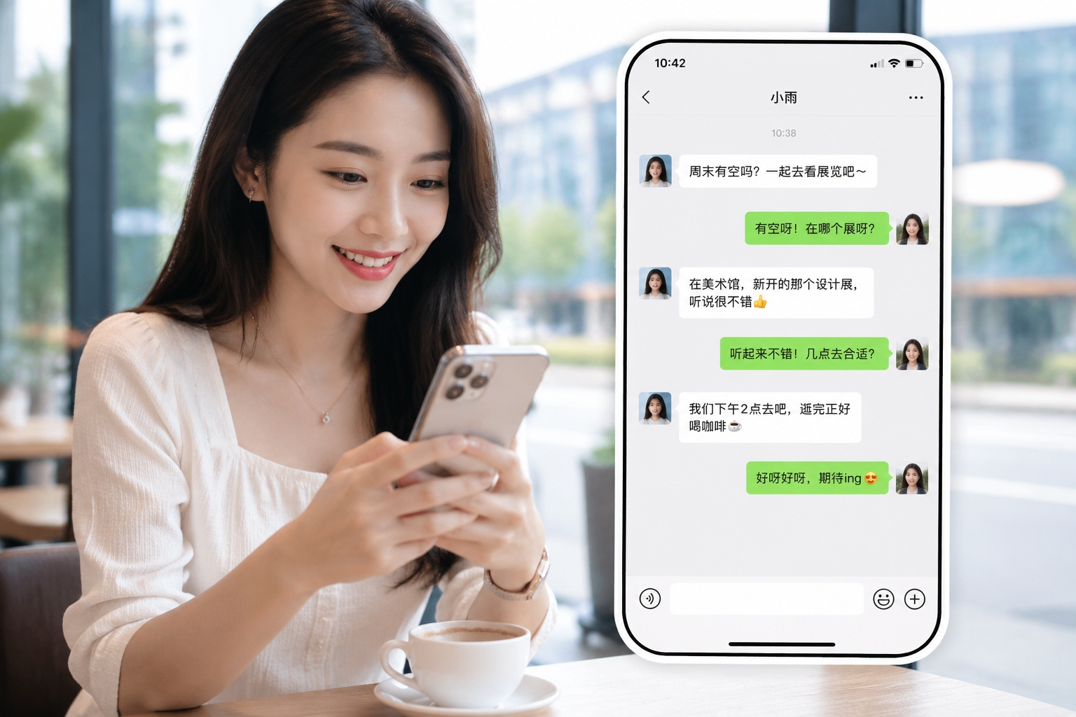 Young Chinese woman sending text messages with Chinese characters and emoji on a smartphone in a café