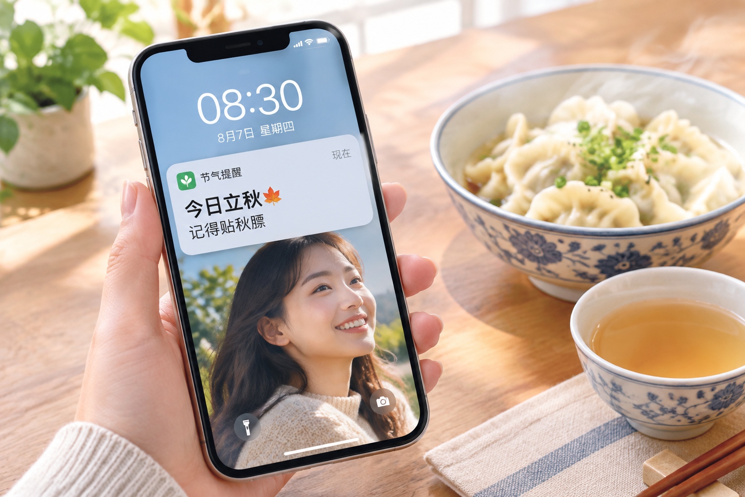 Smartphone notification about the Chinese solar term Liqiu with traditional dumplings nearby