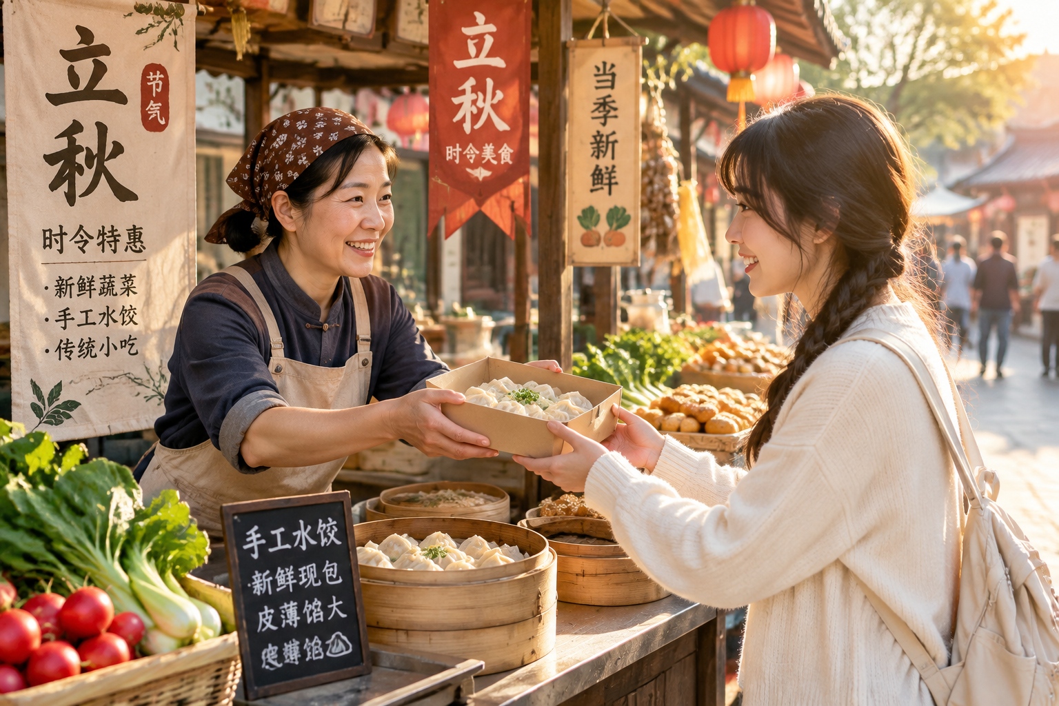 Food market stall selling seasonal dishes for a solar term