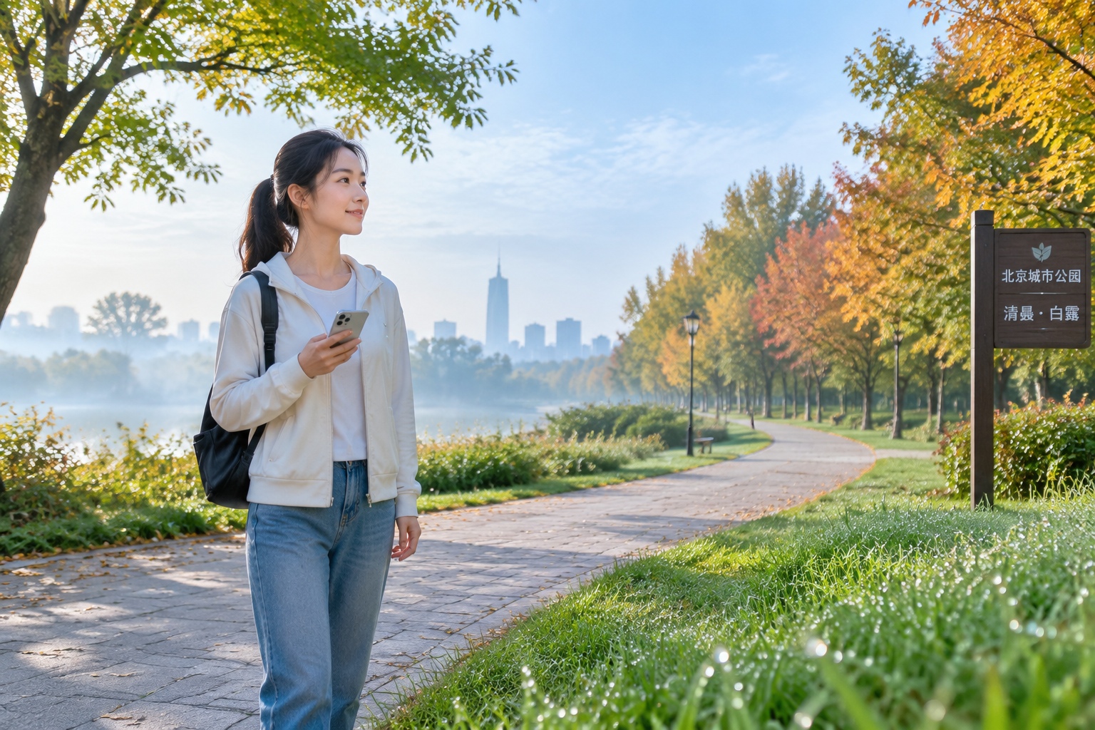Urban park in China during the White Dew solar term with autumn leaves