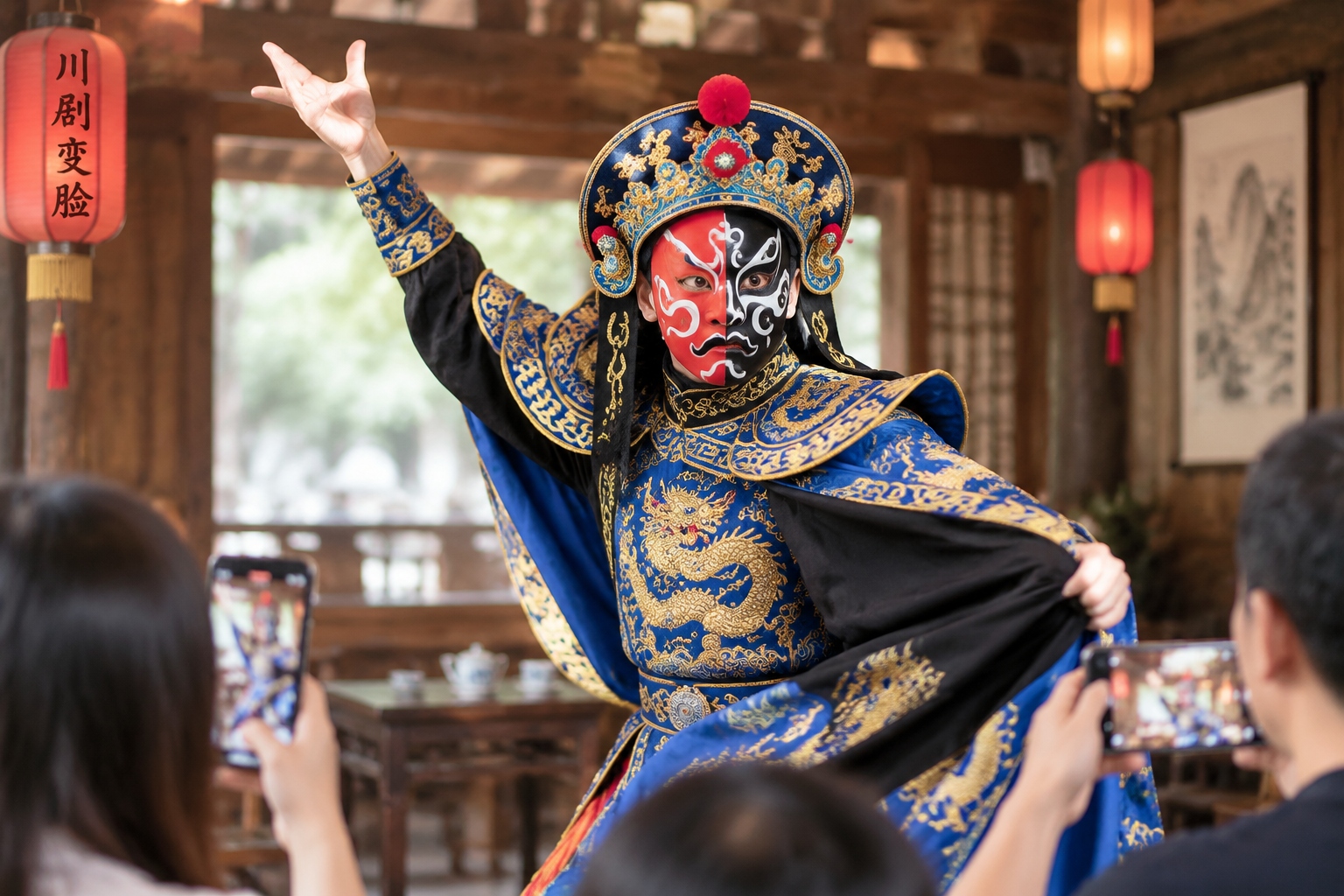 Sichuan opera face-changing performer in mid-motion at a Chengdu teahouse, with audience watching and filming