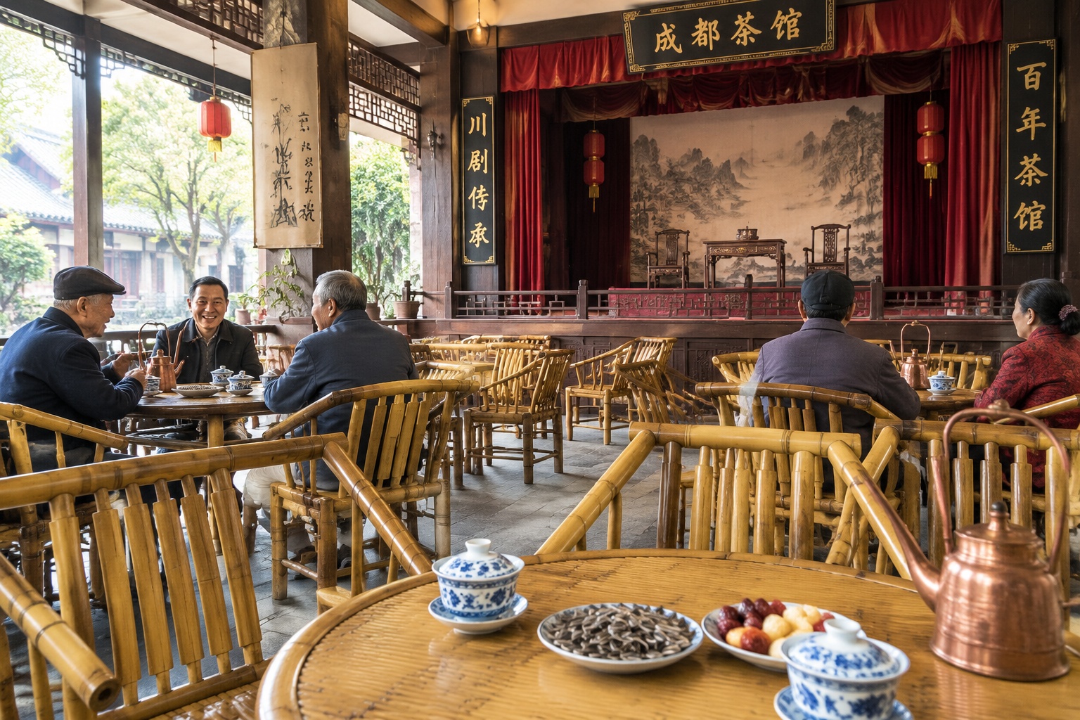 Interior of a traditional Chengdu teahouse with bamboo chairs, lidded tea cups and snacks before a Sichuan opera show