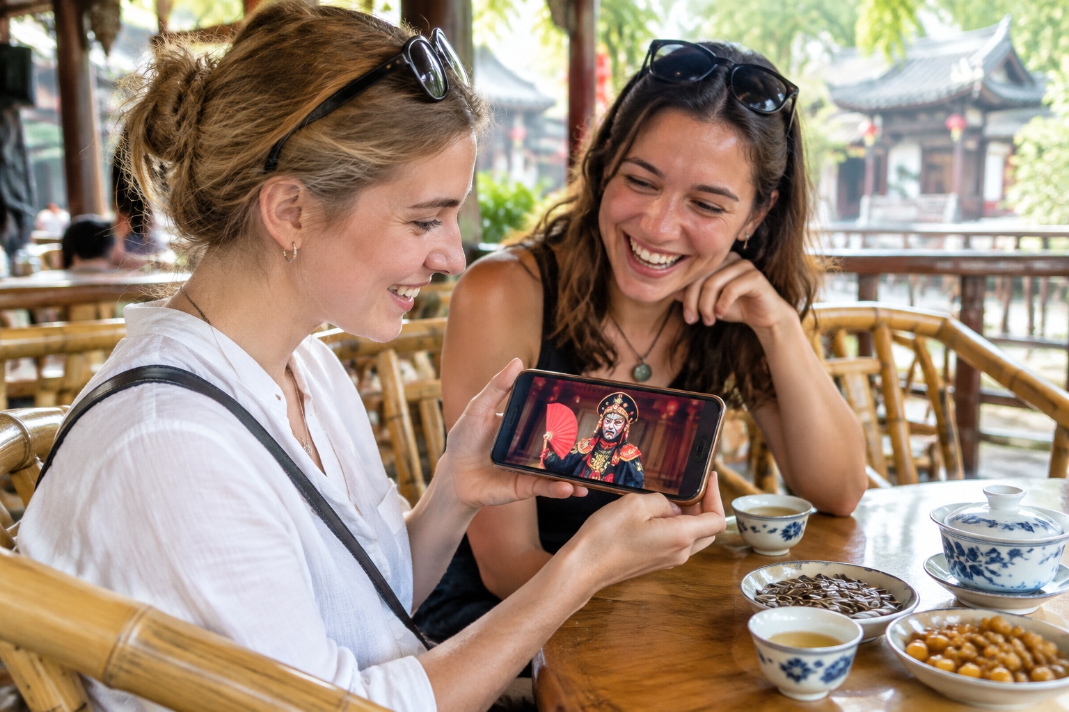 Tourists rewatching a recorded face-changing performance on a phone at a Chengdu teahouse, laughing