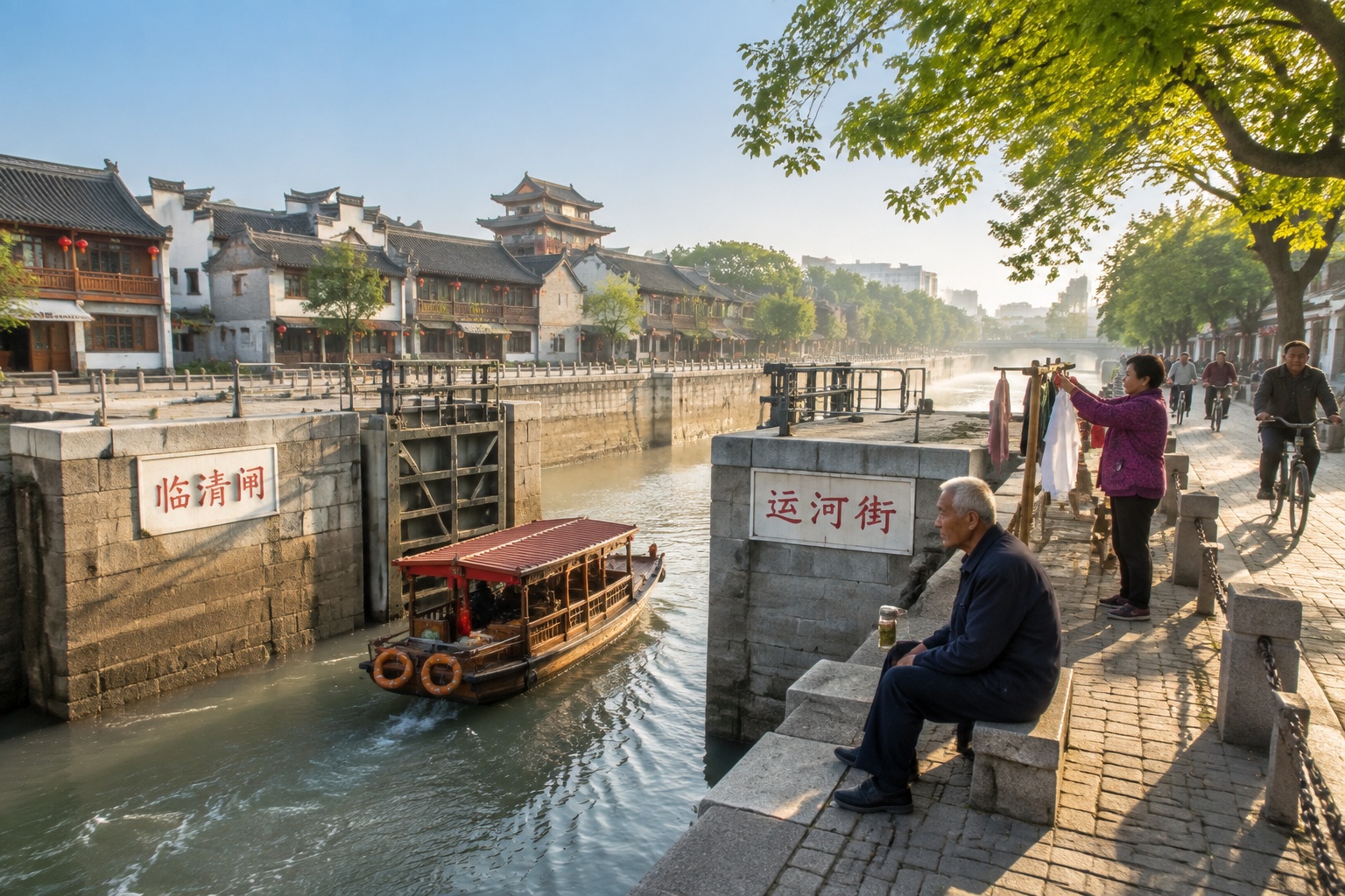Morning at the Grand Canal lock in a small Shandong town, with an old man on the stone steps, a sightseeing boat on the water, and traditional grey-tiled buildings on the riverbank.