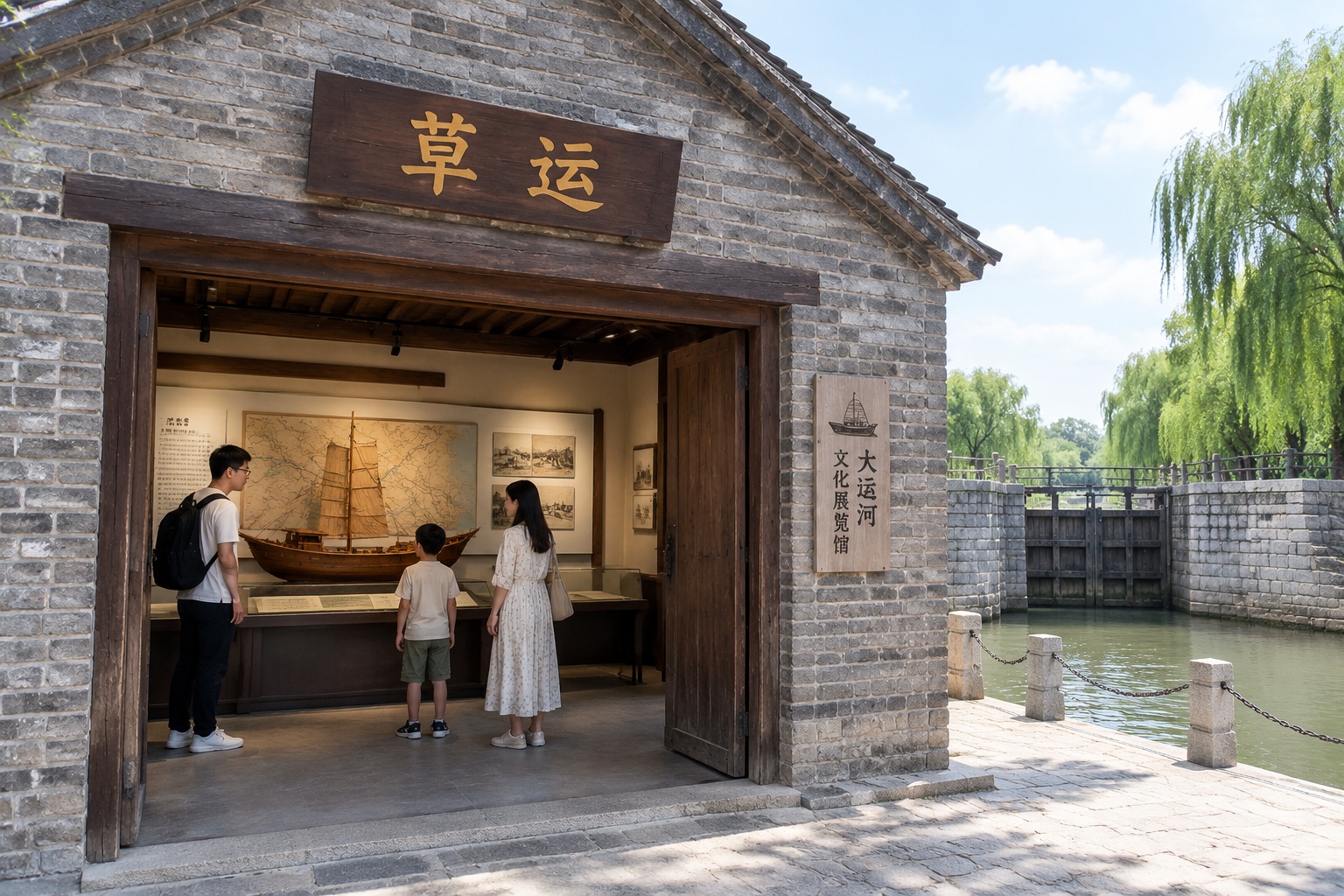 Converted imperial grain warehouse on the Grand Canal in Shandong, now an exhibition space with an old wooden boat model inside the doorway.