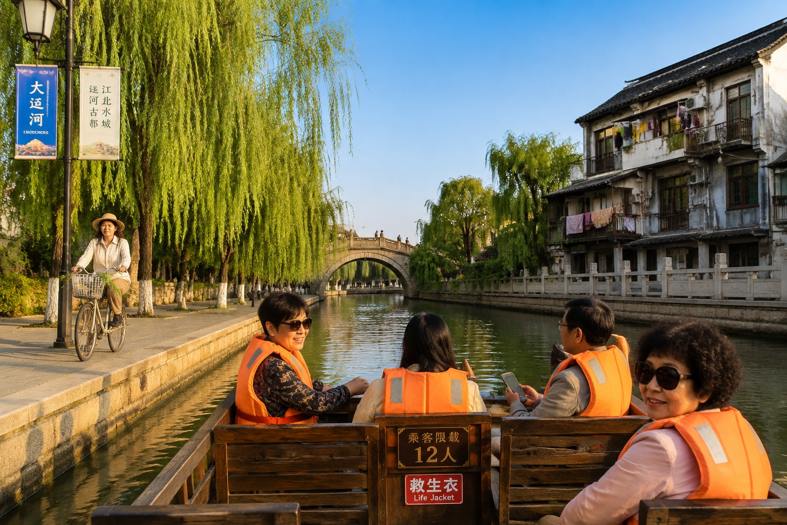Passenger boat cruising the Grand Canal in Shandong, with willow trees, old houses, a stone bridge, and a local cyclist on the bank.