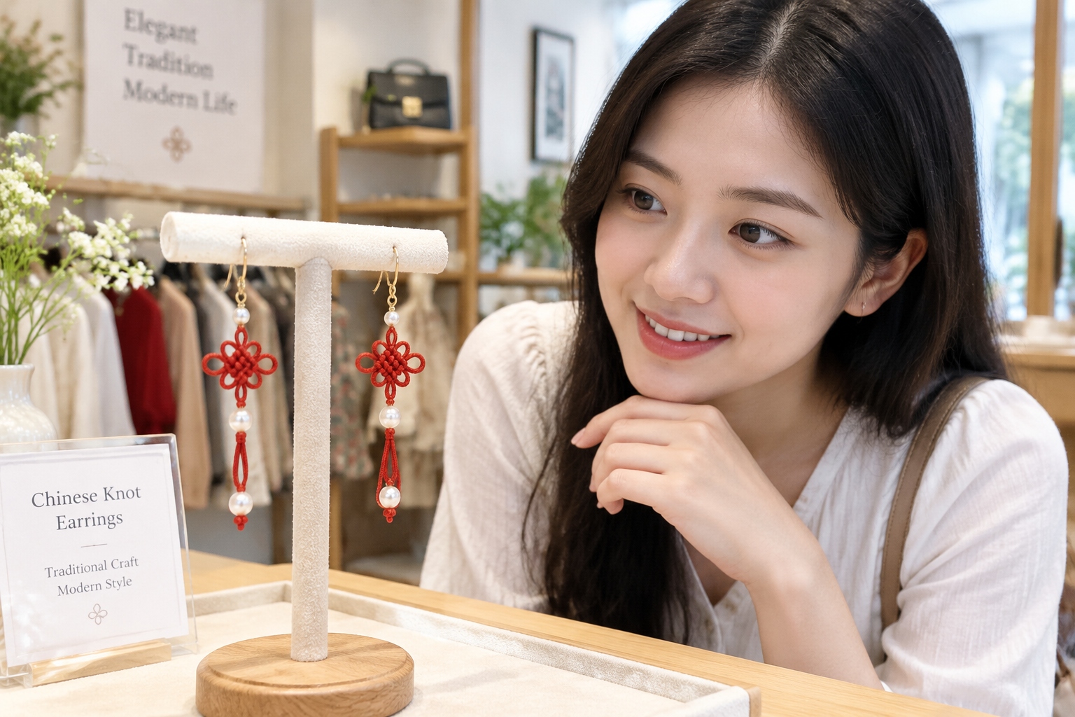 Modern Variations of the Chinese Knot: From Spring Festival Decoration to International Fashion Accessory 23 Modern Chinese knot earrings with pearls displayed in a boutique