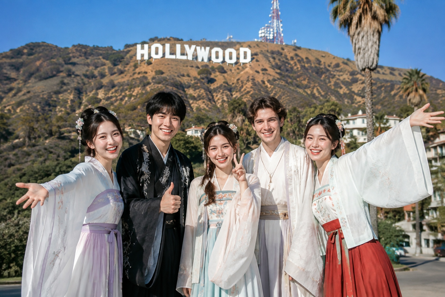 Group of friends in Hanfu posing in front of the Hollywood Sign in Los Angeles
