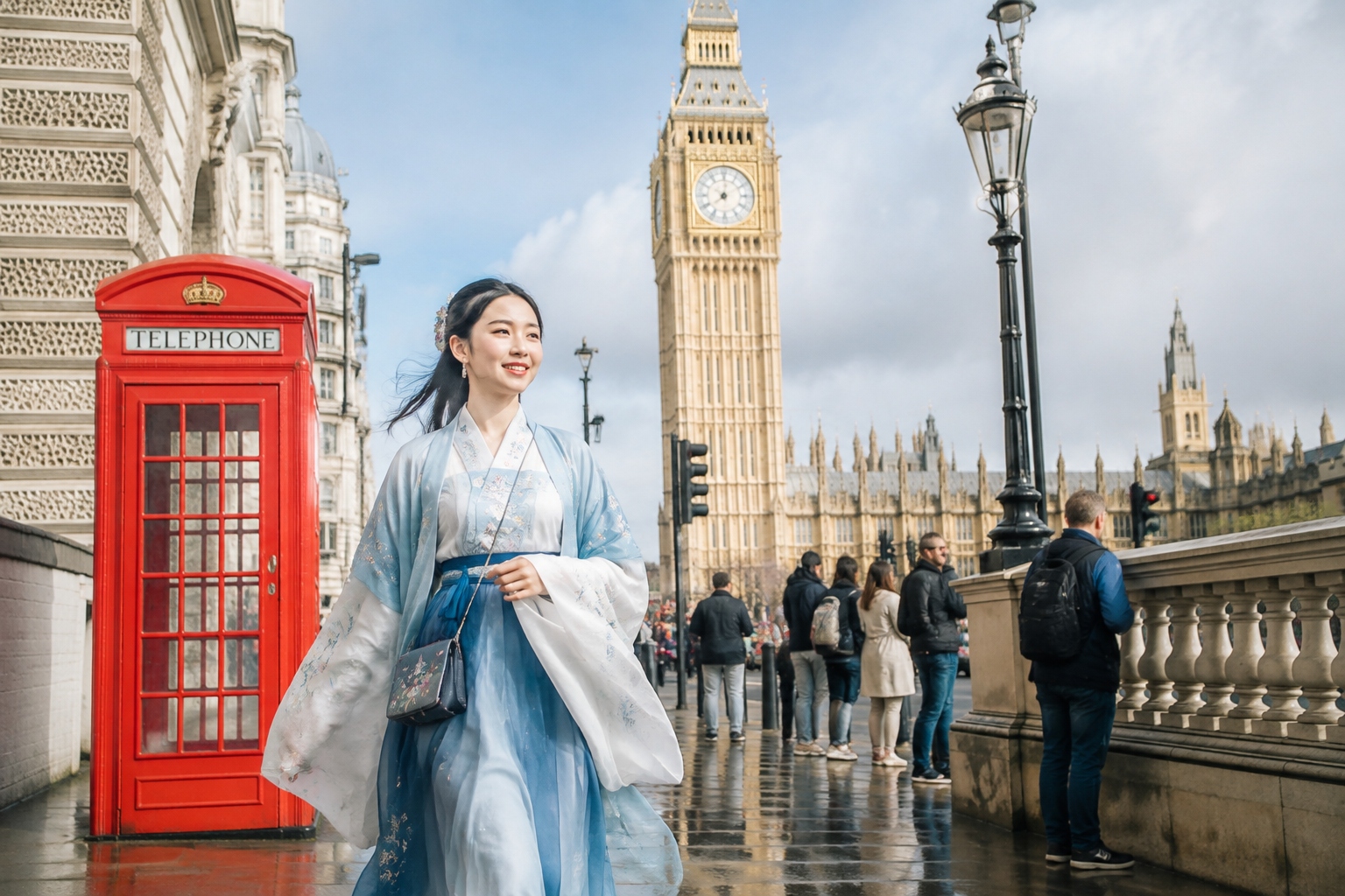 Young woman in Hanfu walking on a London street with Big Ben and red phone booth in background