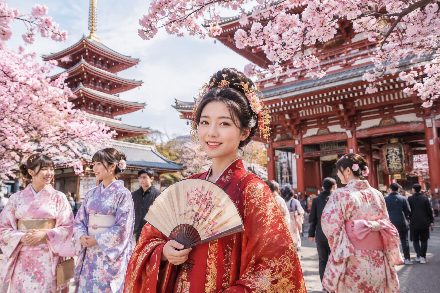 Person wearing Hanfu at Sensoji Temple in Tokyo during cherry blossom season, with kimono wearers nearby