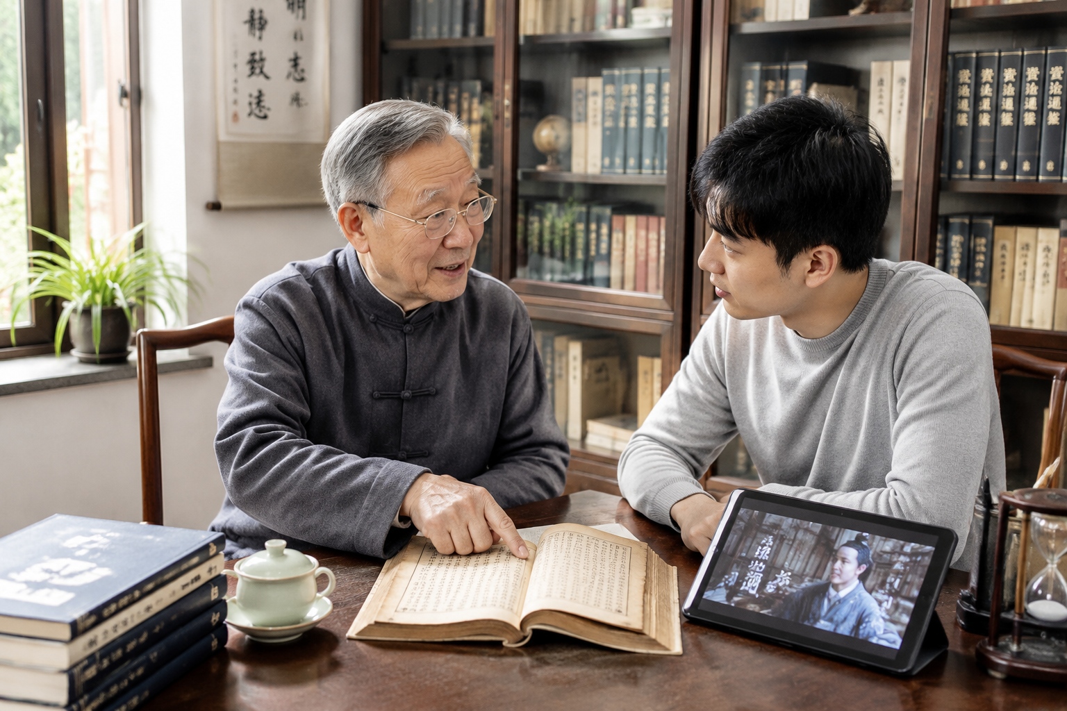 Elderly Chinese man explaining historical power strategies from Zizhi Tongjian to a young adult, with a tablet showing Nirvana in Fire