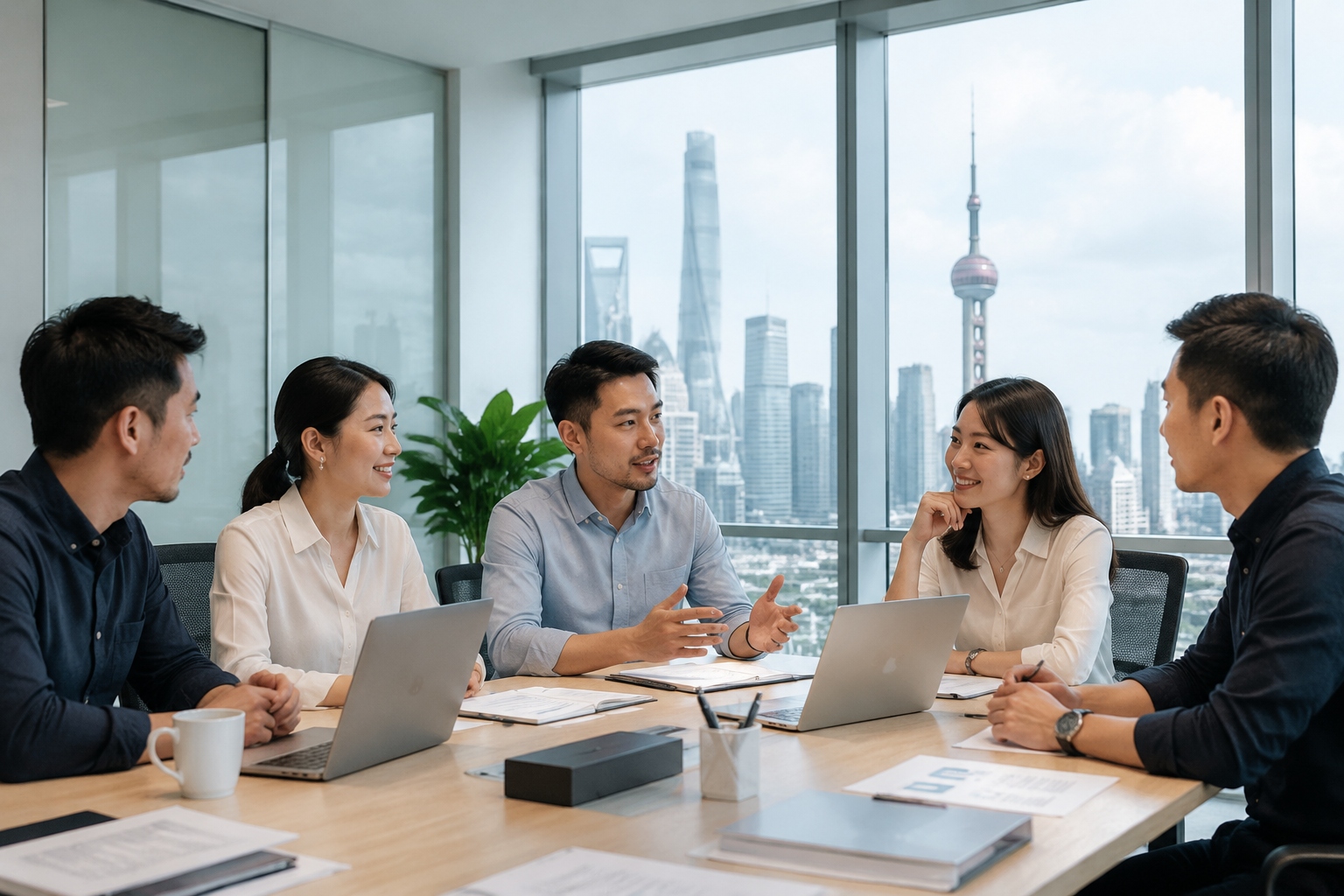 Chinese professionals in a modern meeting room engaging in strategic discussion and subtle social observation