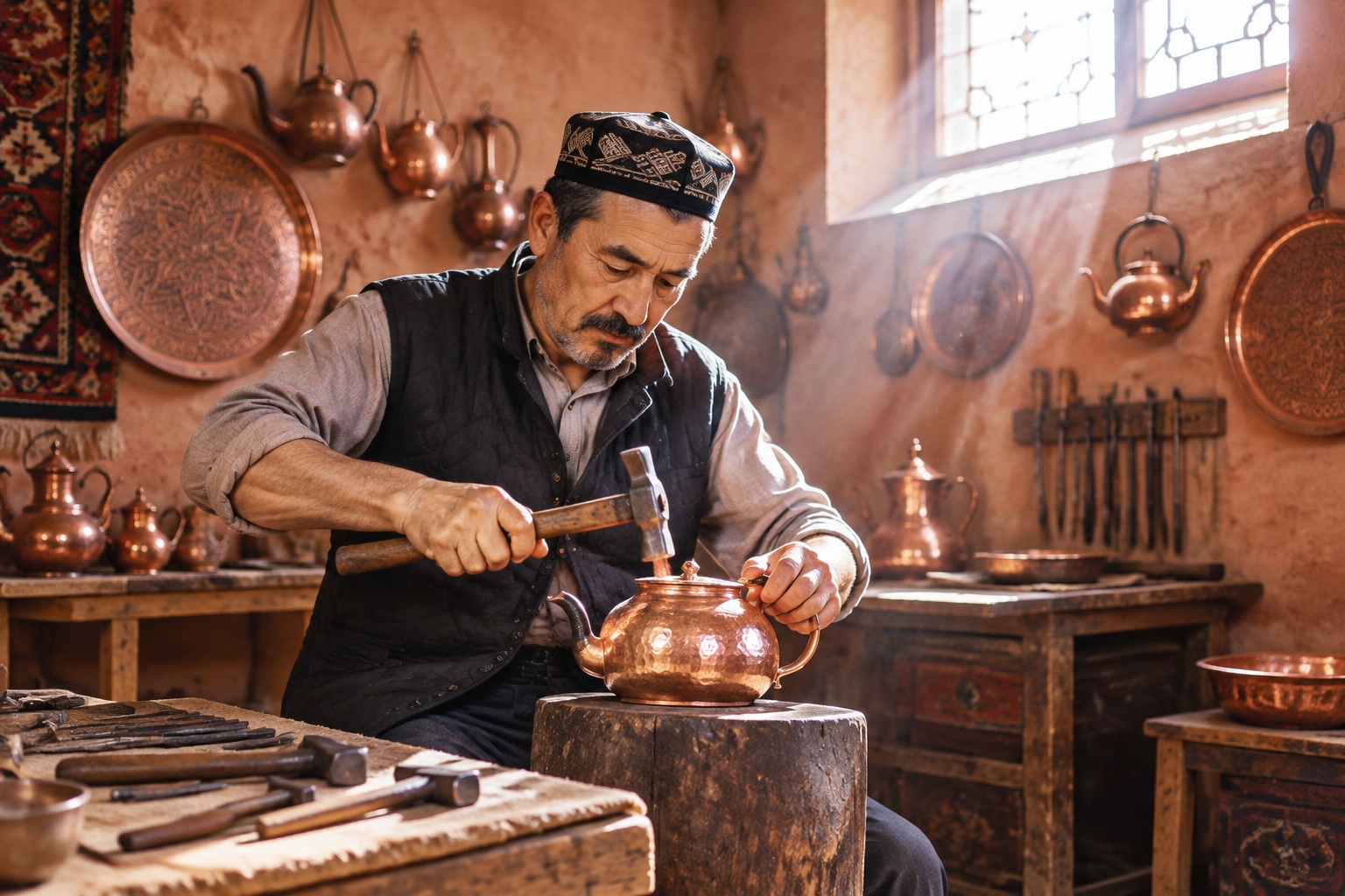 In Kashgar's Old City, a Uyghur Craftsman Hammers a Copper Pot into a Thousand Years of Echoes