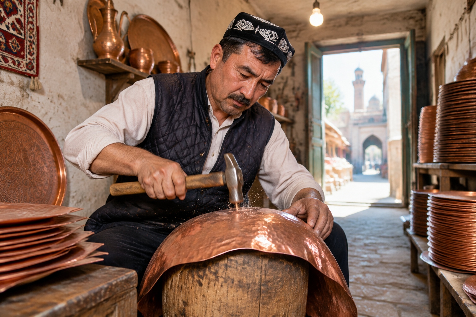 Uyghur craftsman hammering a copper sheet in his old-city workshop in Kashgar