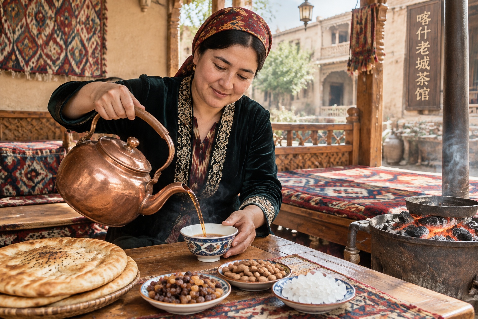 Uyghur woman pouring tea from a copper pot in a chaikhana in Kashgar
