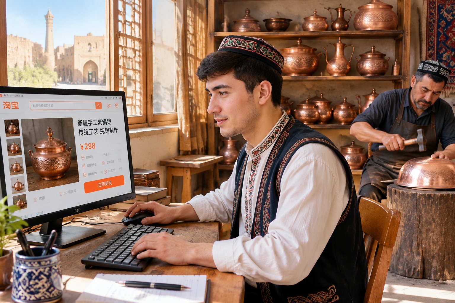 Young Uyghur shop owner using a computer in his family's copper workshop in Kashgar Old City