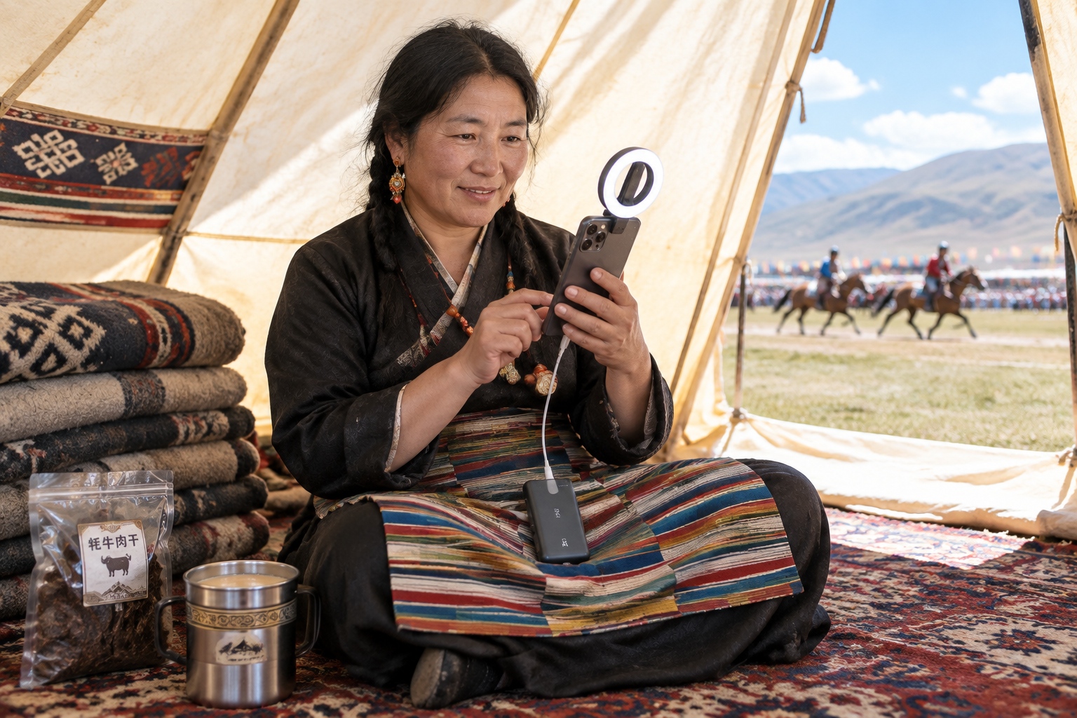 Horse Racing in Nagqu, Tibet: Herders Live-Stream the Festival, Drawing More Viewers Than the Crowd 22 Tibetan herder woman live-streaming from her tent with a smartphone and ring light at the Nagqu horse racing festival