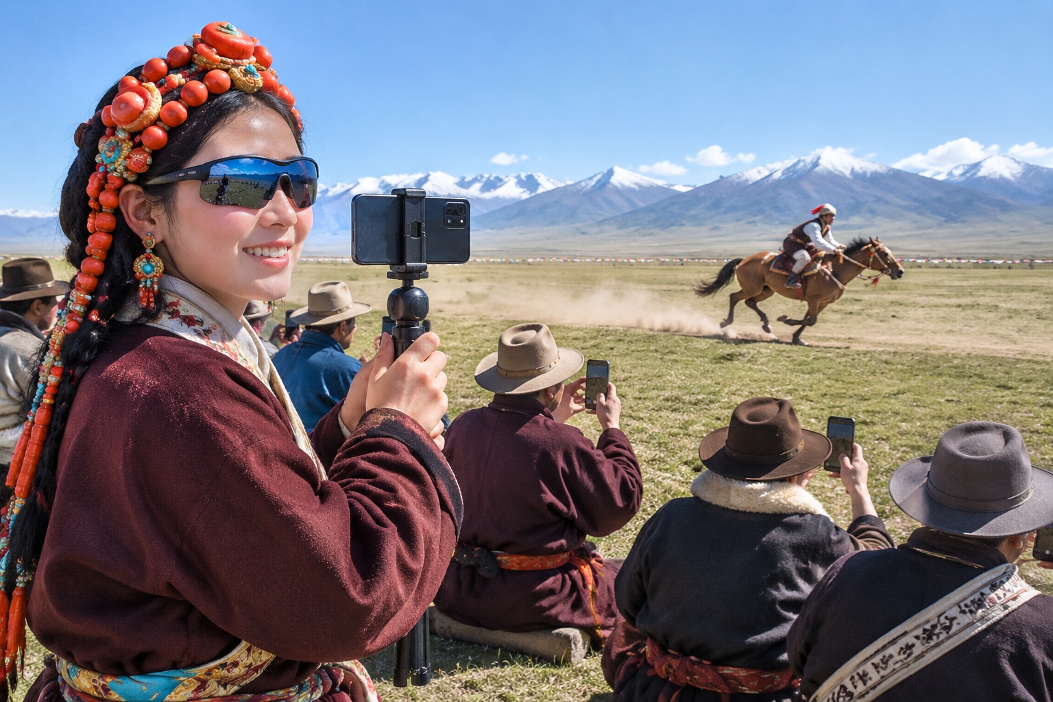 Horse Racing in Nagqu, Tibet: Herders Live-Stream the Festival, Drawing More Viewers Than the Crowd 23 Young Tibetan woman live-streaming a traditional horse race with a phone on a tripod as a rider gallops past