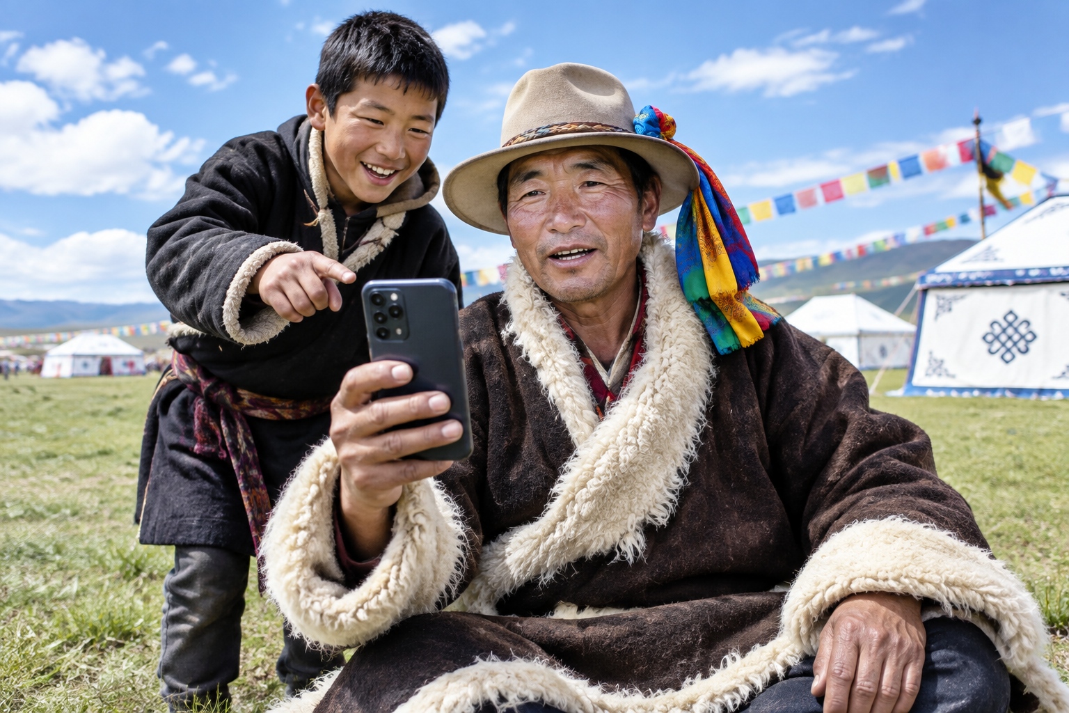 Horse Racing in Nagqu, Tibet: Herders Live-Stream the Festival, Drawing More Viewers Than the Crowd 24 Older Tibetan herder live-streaming horse race commentary while a young teenager helps him with his smartphone