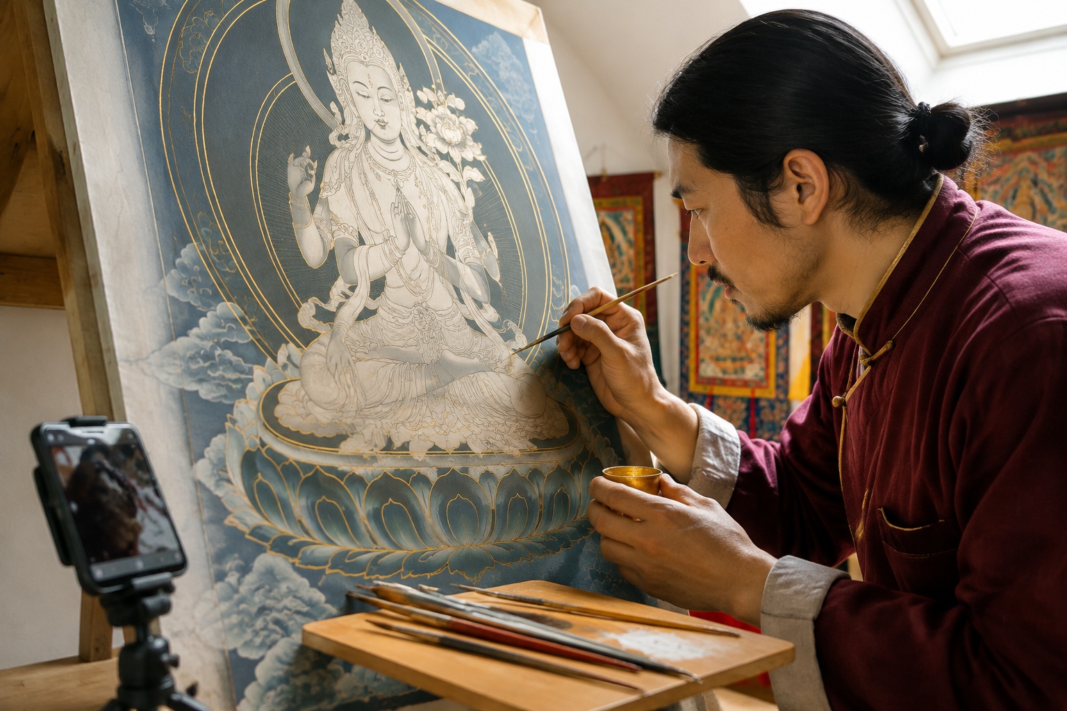 Close-up of Thangka painter Awo's hands applying gold paint with a fine brush while a smartphone records the process in his Regong studio