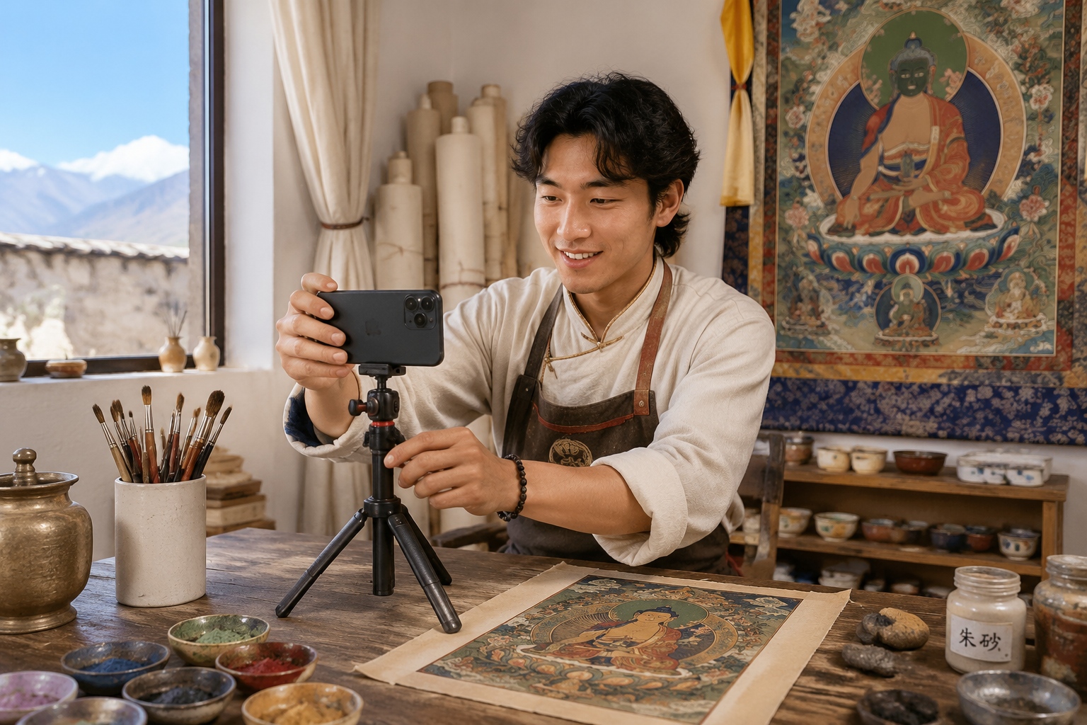 Thangka painter Awo adjusting his phone on a tripod to record a video of his painting progress