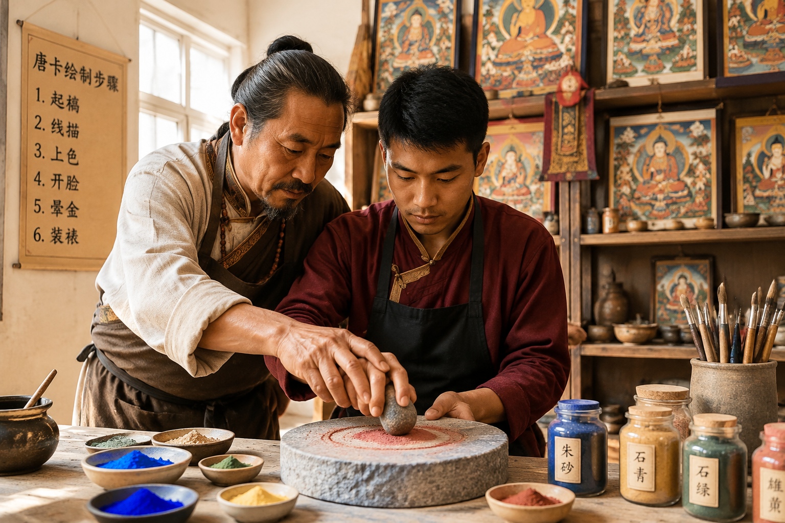 Thangka master Awo teaching an apprentice how to grind mineral pigments in his Regong workshop