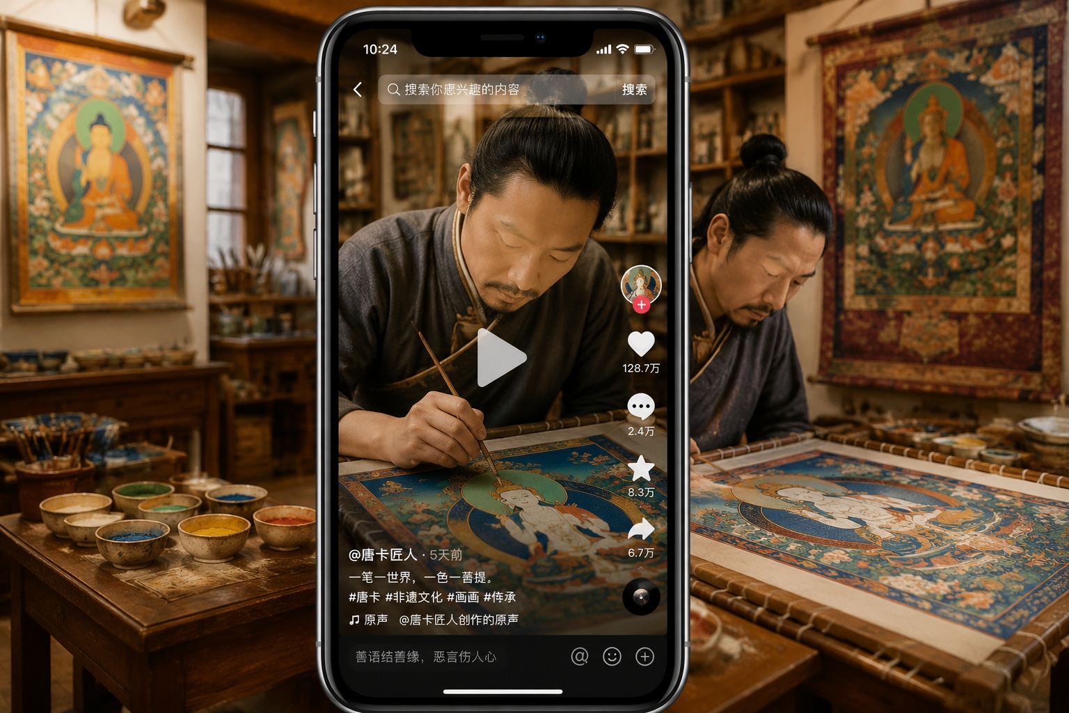 Screenshot of a Douyin video page with a Thangka painting video receiving many likes and comments