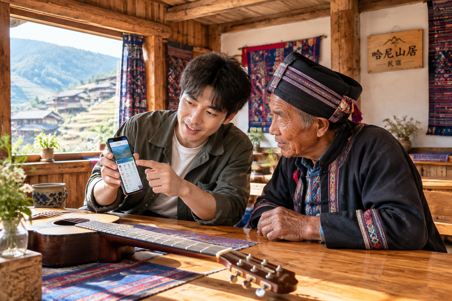 Young Hani B&B owner teaches an elderly farmer to use a smartphone in a wooden guesthouse decorated with traditional textiles in Yunnan rice terraces
