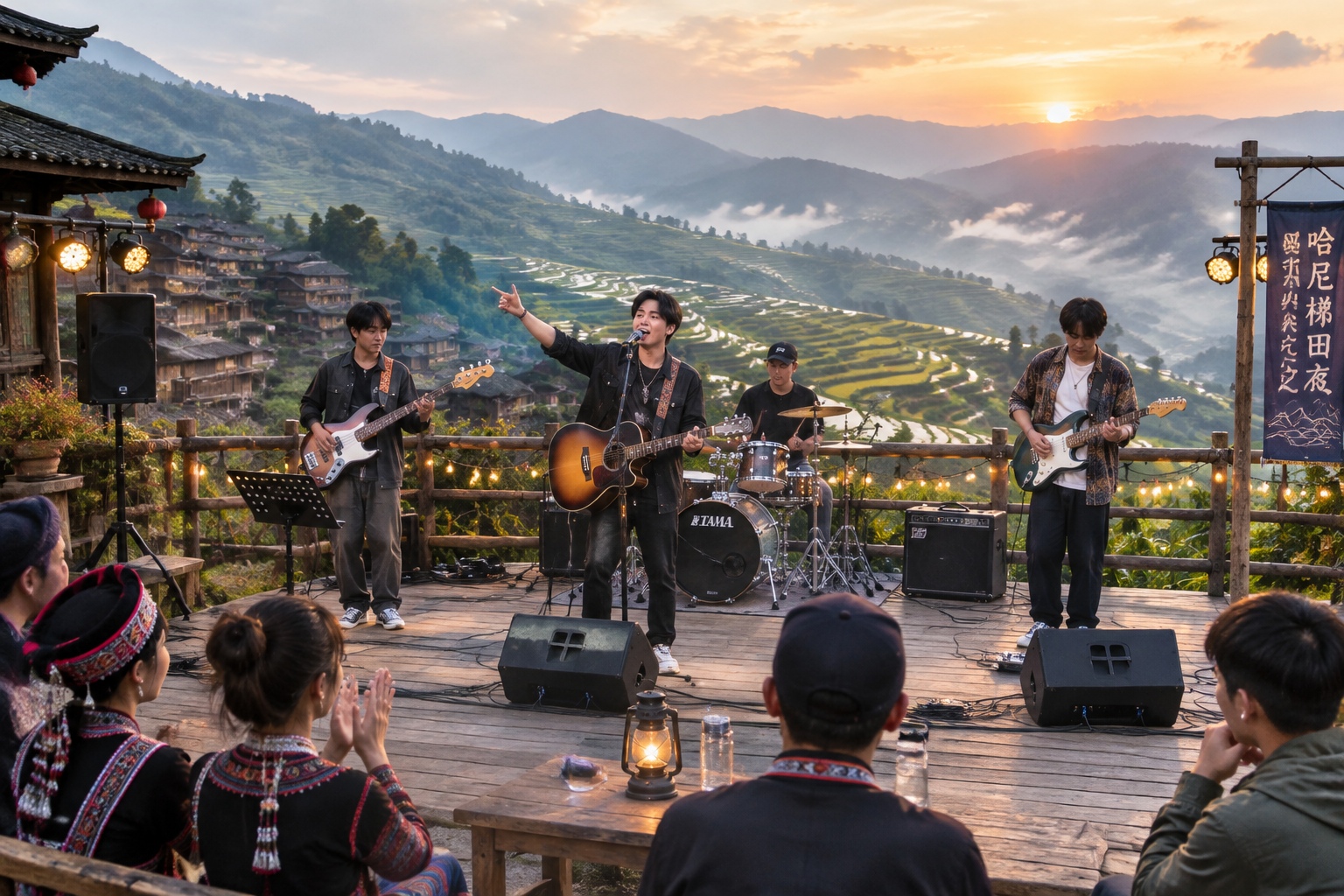 Local rock band performing on a terrace stage with Hani rice terraces and mist in the background in Yunnan