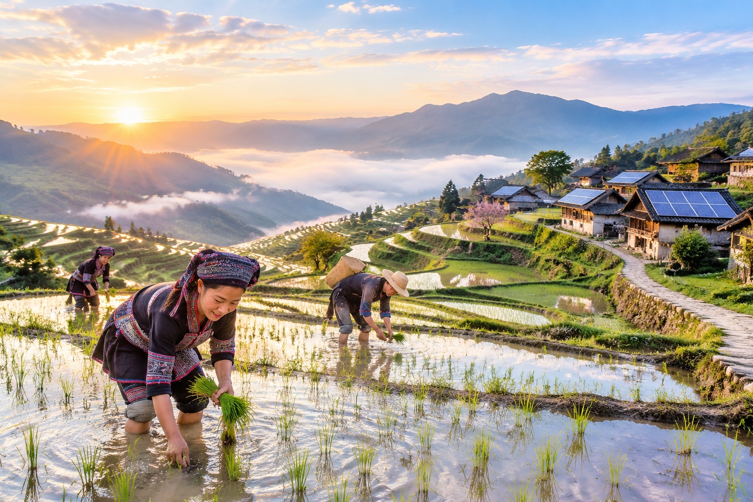 Hani farmers working in rice terraces with village houses and solar panels visible in the distance, Yunnan