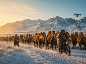 Winter Migration in Altay, Xinjiang: Herders on Motorcycles Drive Camels, Filmed Entirely by Drones