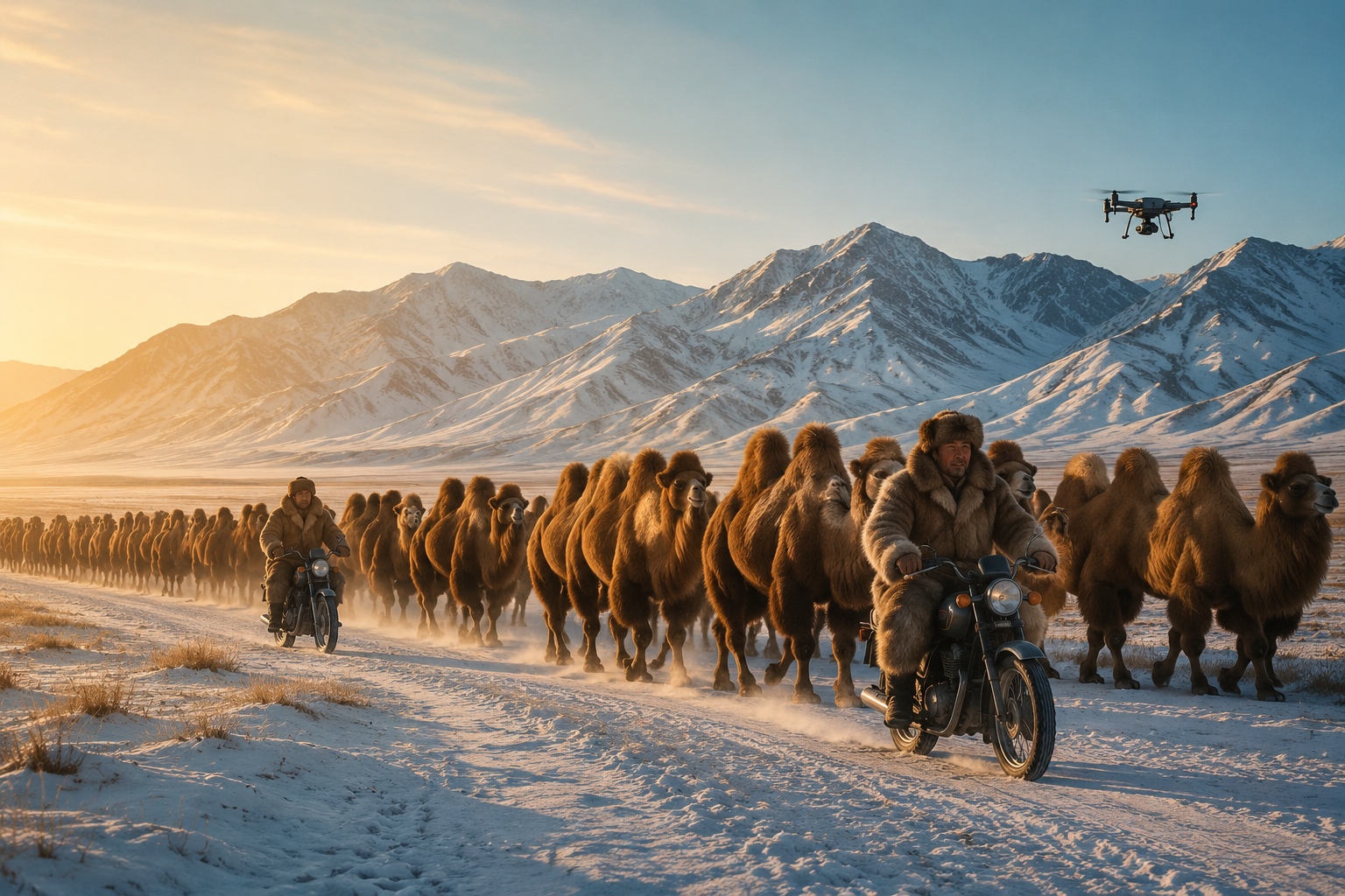 Winter Migration in Altay, Xinjiang: Herders on Motorcycles Drive Camels, Filmed Entirely by Drones 19 Winter Migration in Altay, Xinjiang: Herders on Motorcycles Drive Camels, Filmed Entirely by Drones