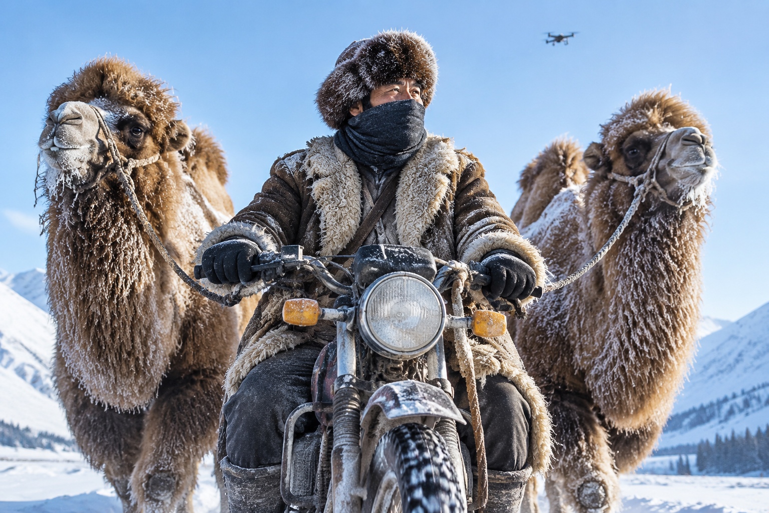 Winter Migration in Altay, Xinjiang: Herders on Motorcycles Drive Camels, Filmed Entirely by Drones 22 Herders on motorcycles driving camels through snow in Altay, Xinjiang