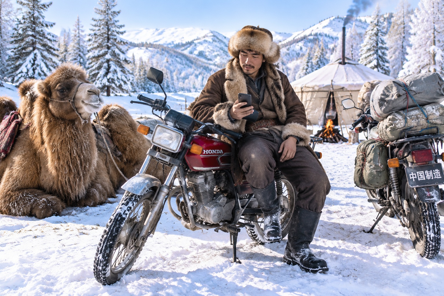Winter Migration in Altay, Xinjiang: Herders on Motorcycles Drive Camels, Filmed Entirely by Drones 23 Herder resting during the winter migration, checking his smartphone next to a motorcycle and camel in Altay