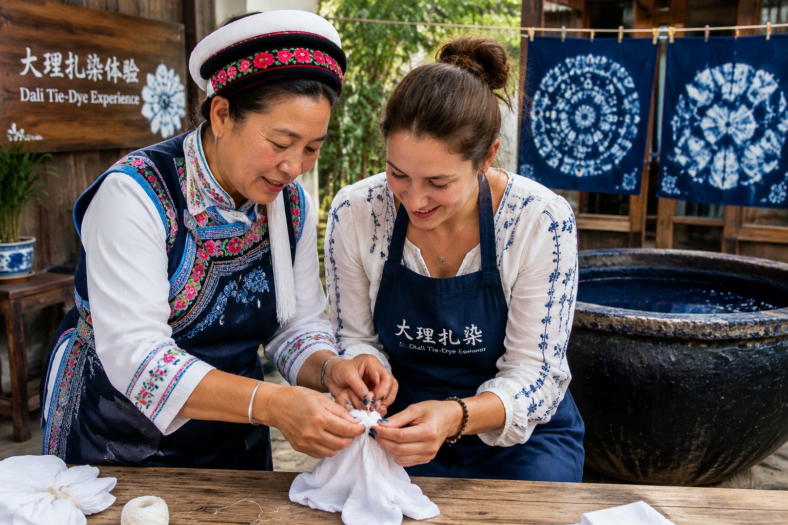 A Bai woman teaches a foreign student how to tie cloth for Bai tie-dye in a Dali workshop, Yunnan.