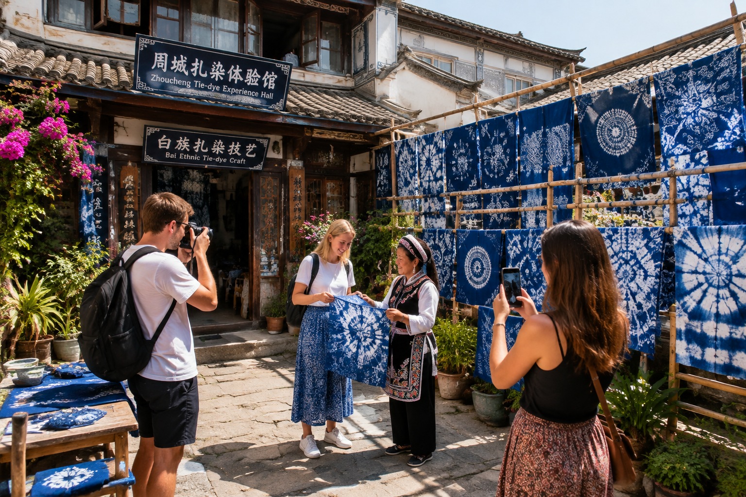 Blue and white Bai tie-dye fabrics hanging in the courtyard of a Zhoucheng village workshop in Dali, with foreign visitors exploring.