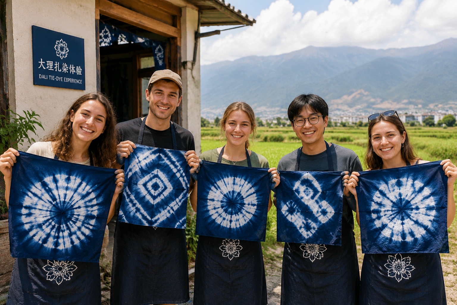 International visitors proudly show their finished Bai tie-dye pieces outside a workshop in Dali, Yunnan.