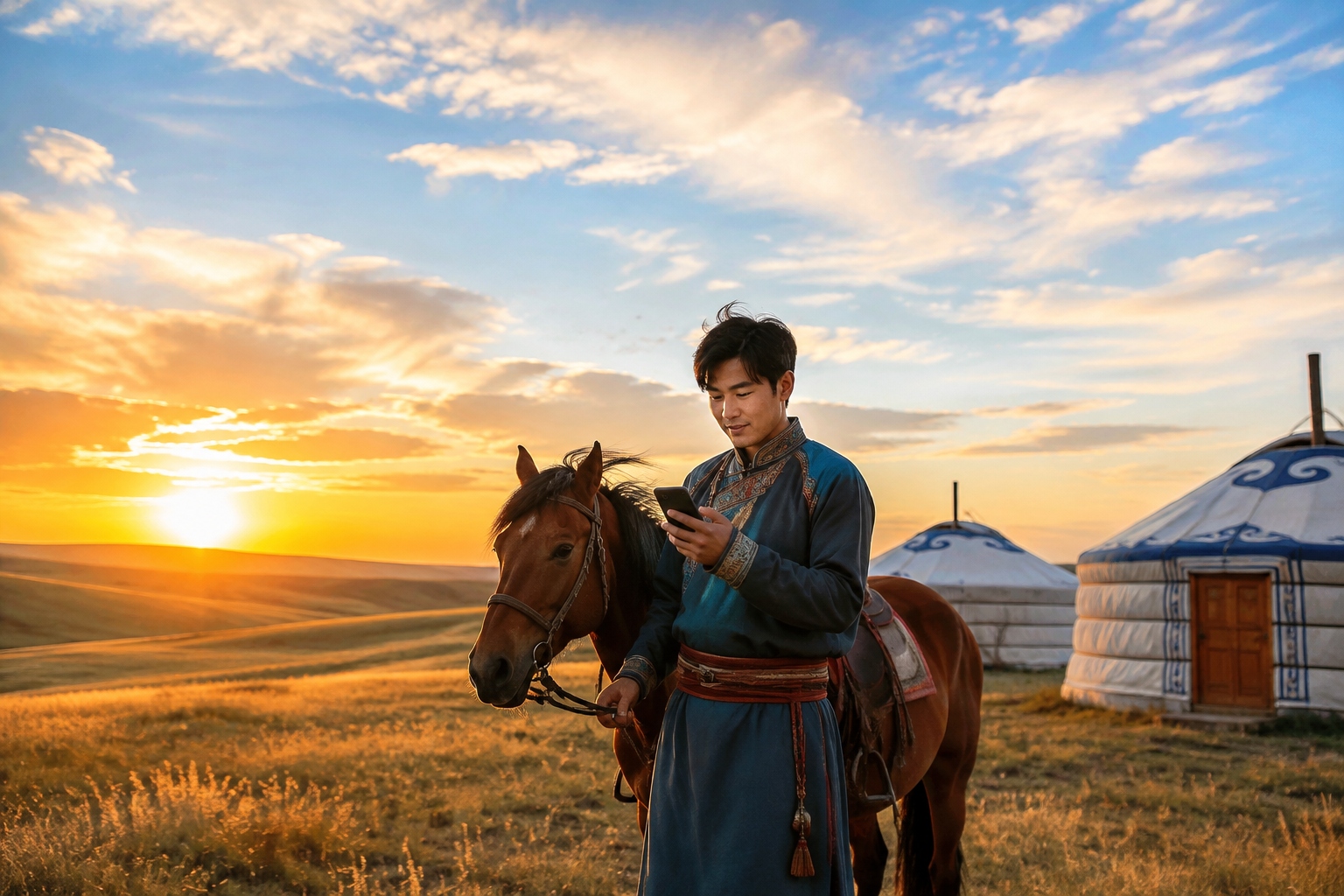 Mongolian herder on the Inner Mongolia grassland holding a smartphone next to a horse and yurts at sunset