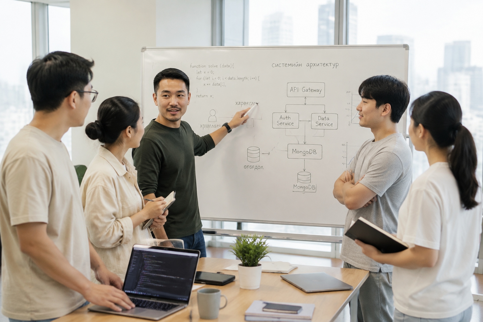 A diverse team of Chinese developers, including a Mongolian man, discussing code around a whiteboard in a Shenzhen tech office