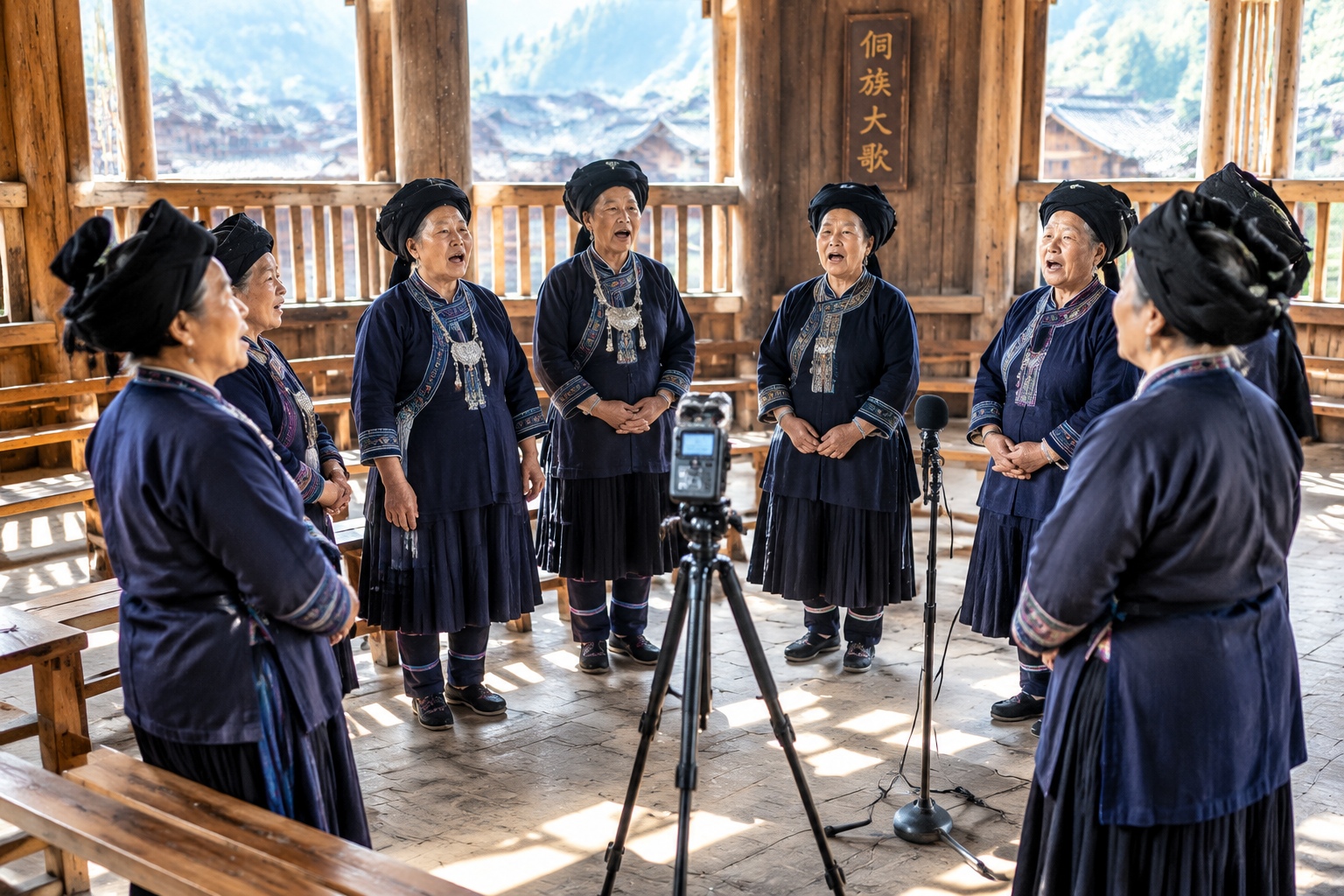 Elderly Dong women performing the Grand Chorus in Zhaoxing drum tower, with recording equipment for a digital archive