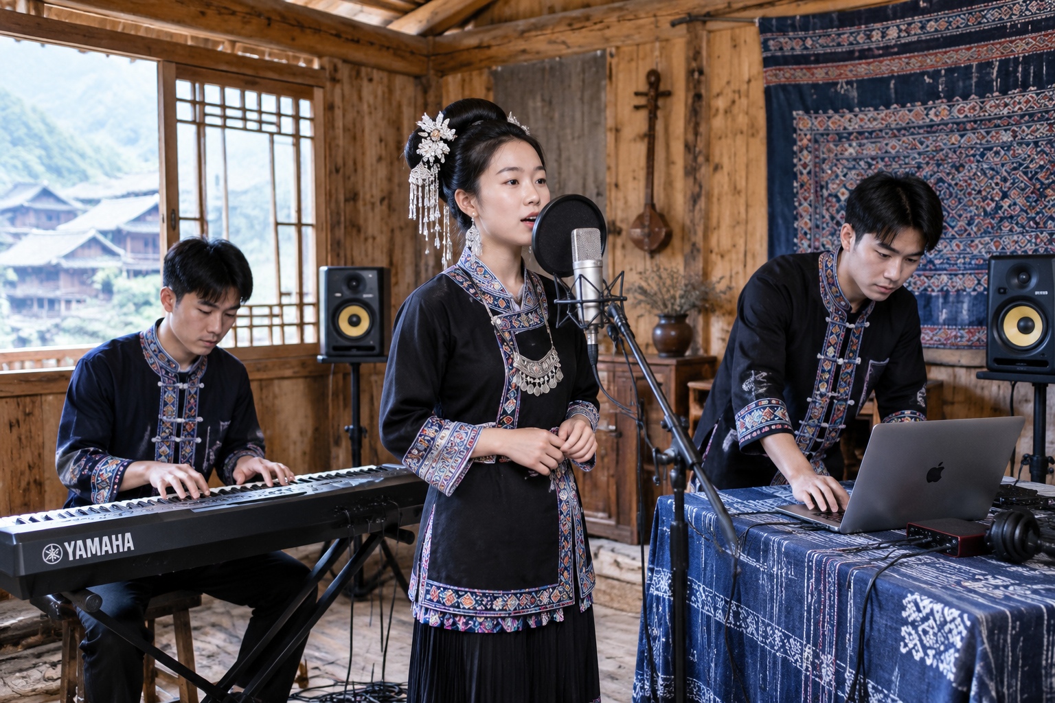 Young Dong musicians recording an electronic remix of the Grand Chorus in a converted warehouse studio in Zhaoxing