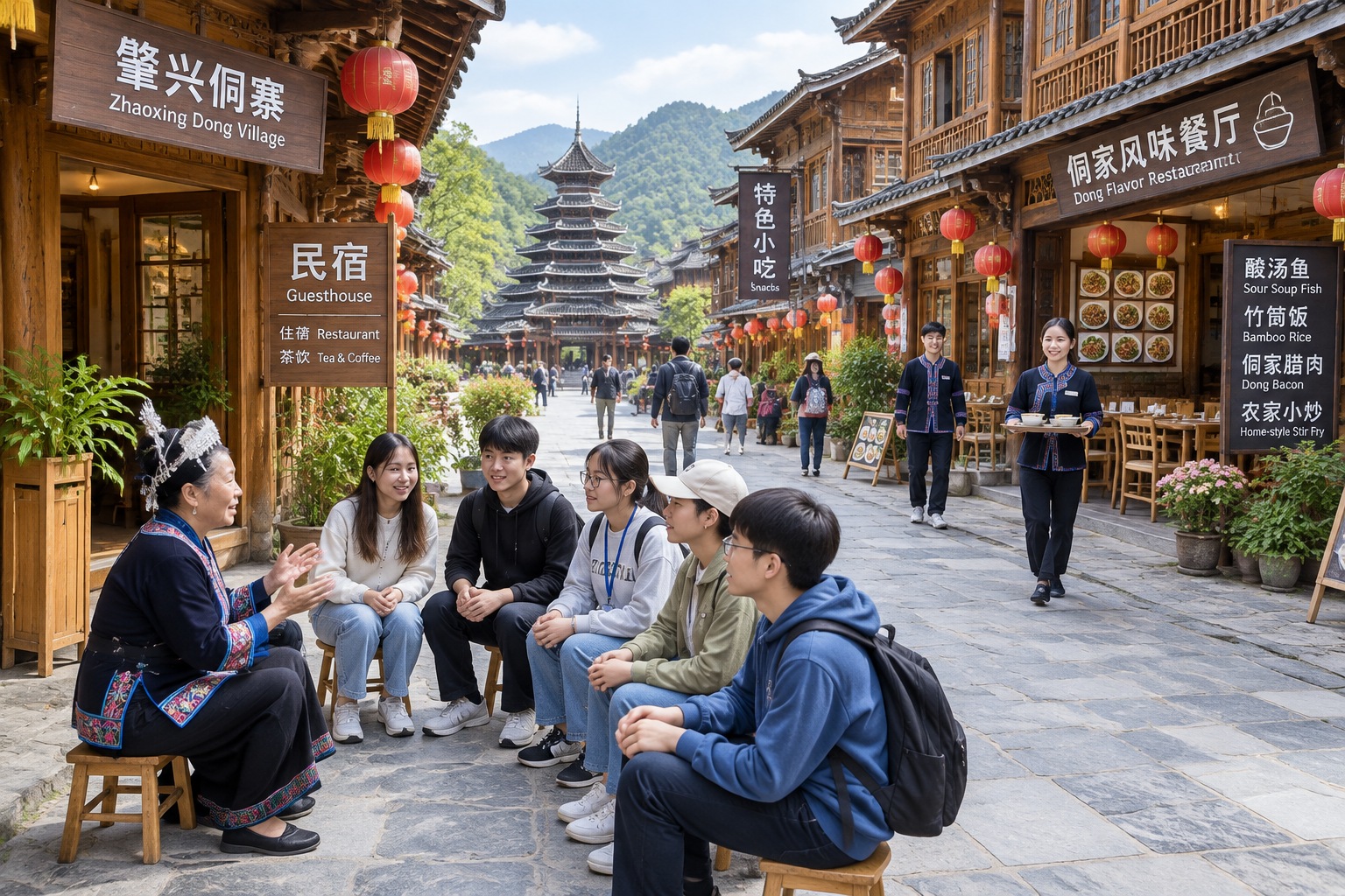 Village street in Zhaoxing Guizhou with guesthouses, dining tables, and cultural exchange activities